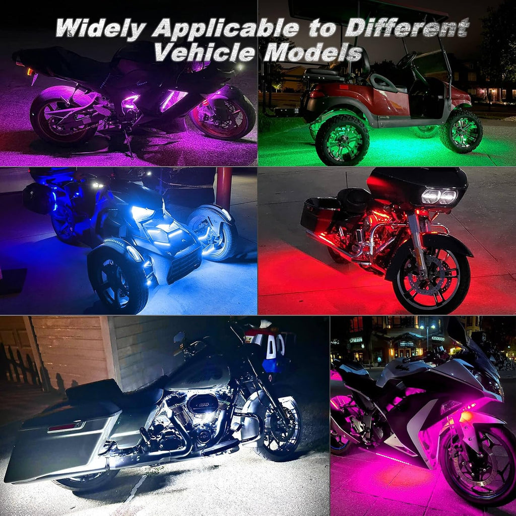 8PCS Motorcycle RGB LED Light Kits with APP/RF Remote, Multicolor Underglow Lights with Brake Turn Signal, 12V Waterproof Dual Zone Strip for Sport Bike, Cruiser, Street & Dirt Motorcycle