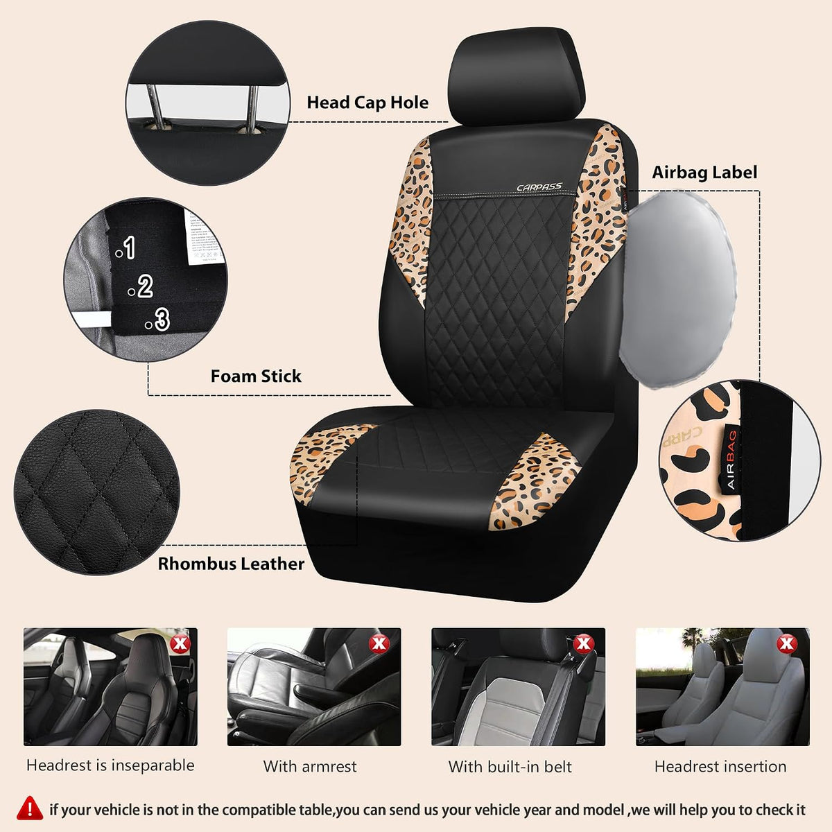 car pass leather leopard two front seat cover, side view