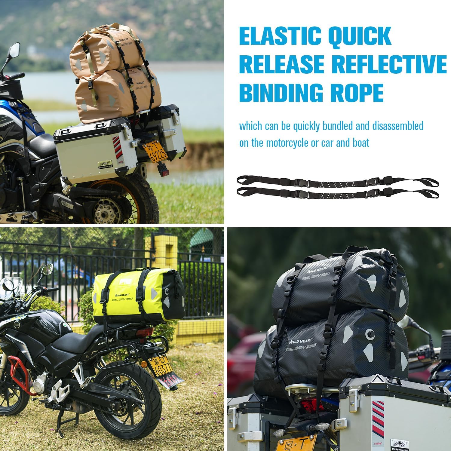 WILD HEART Waterproof Motorcycle Duffel Bag PVC500D Double-bottom With Rope Straps and Inner Pocket 40L 66L 100L for Kayaking, Camping, Boating,Motorcycle