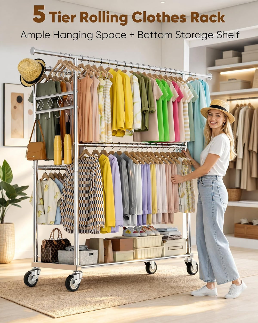 Large Clothes Rack with Shelf Loads 1100lbs, Four Rods Garment Rack, Silver