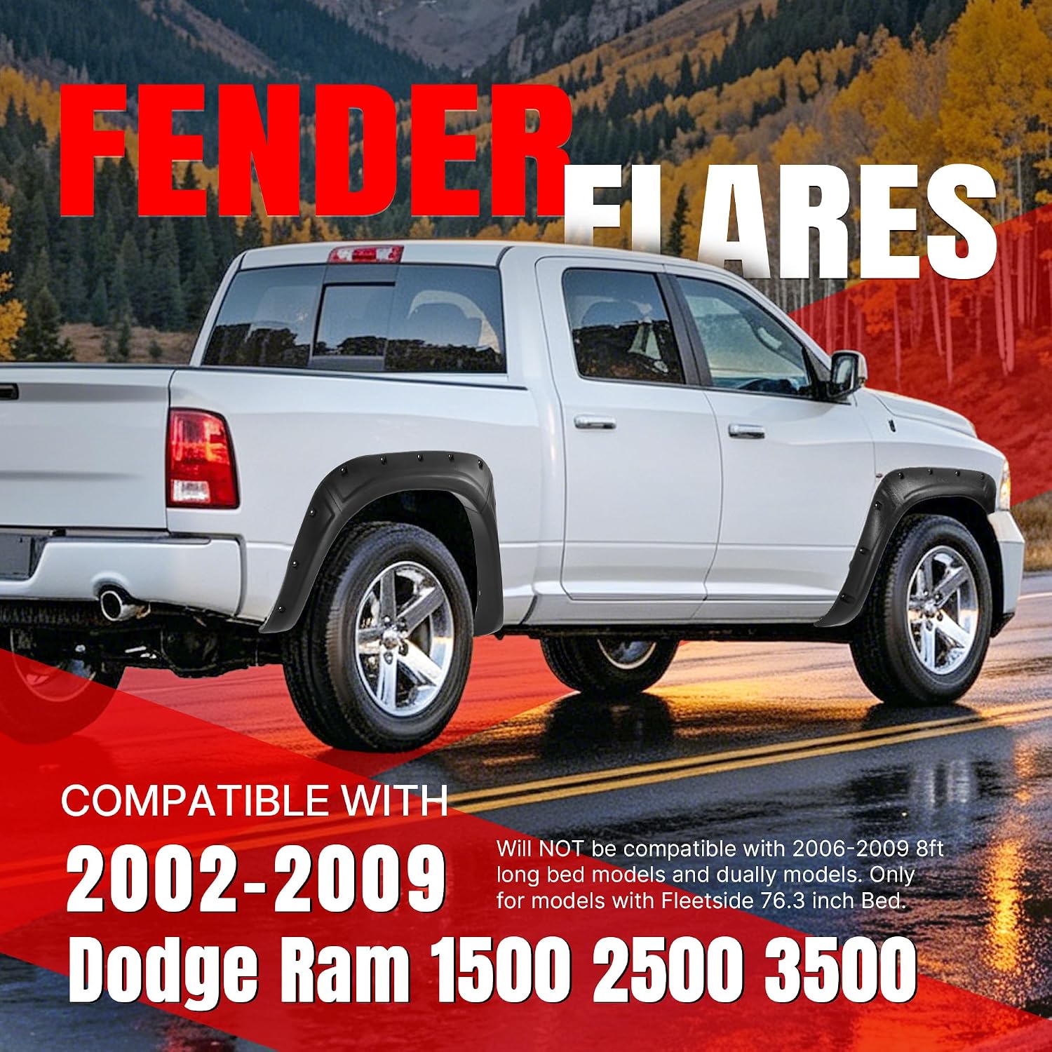 4Pcs Fender Flares Set Compatible with 2002-2009 Dodge Ram 1500 2500 3500 (Not Fit 06-09 8ft Bed Models) with Fleetside 76.3 inch Bed Pocket Riveted Front & Rear Wheel Arch Cover Protector