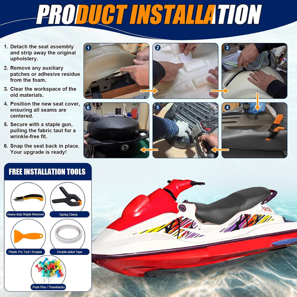 Seat Cover Replacement for 1996-2001 Seadoo GS/GSI/GSX LTD/RFI | 3-Layer Custom Fit Faux Leather: Waterproof, Filter Inner, Tough Base. Staple Install (Basic Setup Accessories Kit Included)