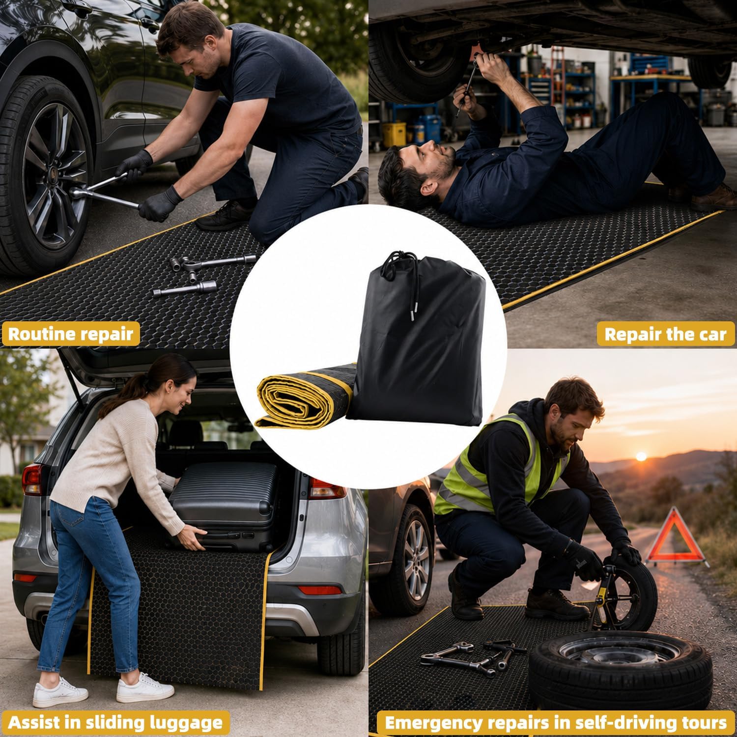SUNCARACCL Upgrade Magic Rolling Creeper Mat, Under Car Repair Pad, 60x28 Inch Mechanics Mat for Low Clearance, Automotive Creeper Mat with Portable Storage Bag, Working on Uneven Road (Yellow)