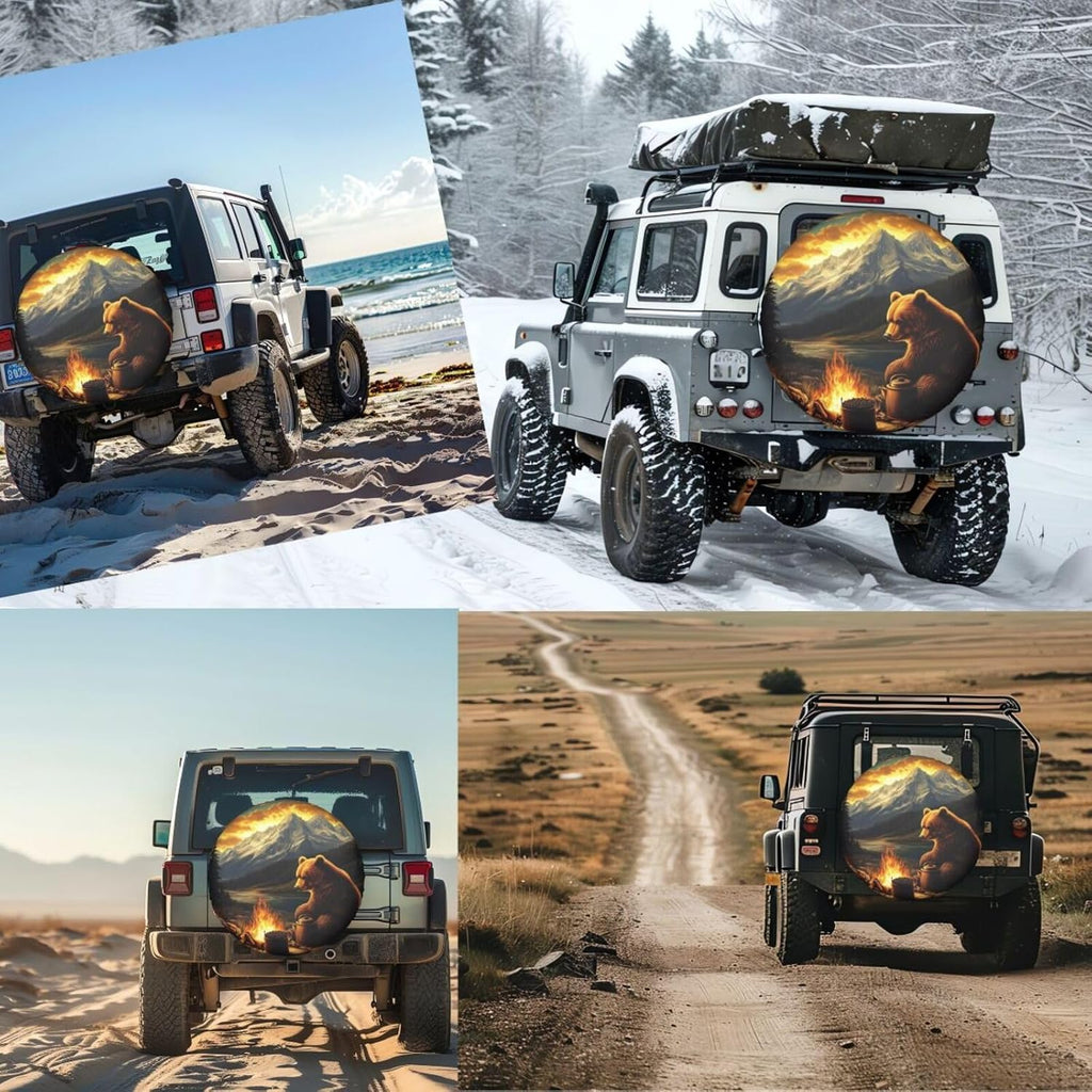 Bear with Mountains Spare Tire Cover for Trailer Rv SUV Truck Camper,Funny Cute Tire Cover Waterproof Wheel Protectors for Camping Outdoor Travel,Universal Fit,15 inch