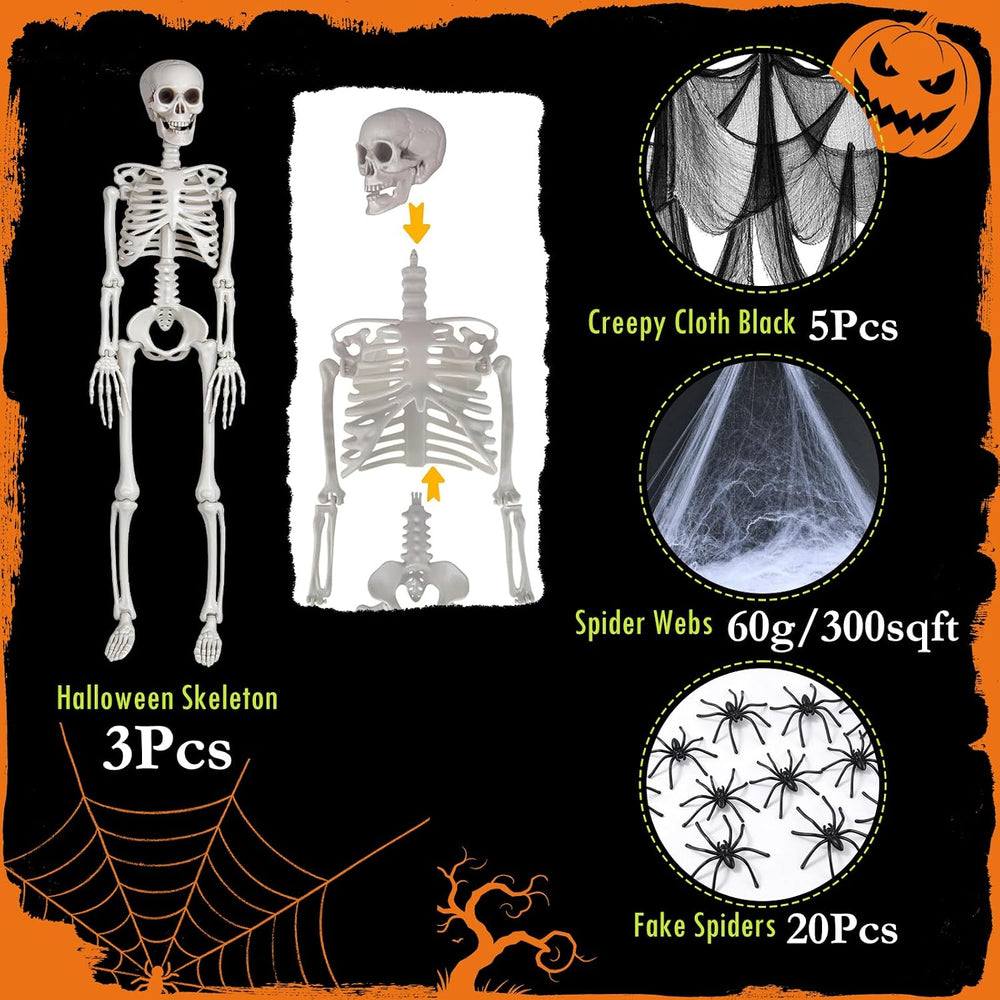 LCZTN 3 Pack 36in Halloween Skeletons,5 Pack 30x72in Black Creepy Cloth,300 s...
