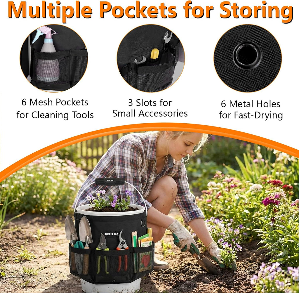 MELOTOUGH Bucket Car Wash Tool Organizer for Garden Cleaning bucket organizer Water-resistant Mesh Pockets for Clean Supplier, Car Wash Supplier Tools Fit 3.5 to 5 Gallon Bucket (Black)