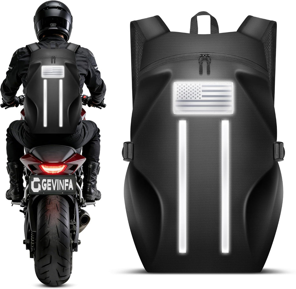 Motorcycle Backpack, Waterproof Helmet Backpack with Reflective Strips & Reflective Flag, 40L Large Bag with Laptop Pocket, Perfect for Travel, Daily Commute, Office Trips & Outdoor Riding