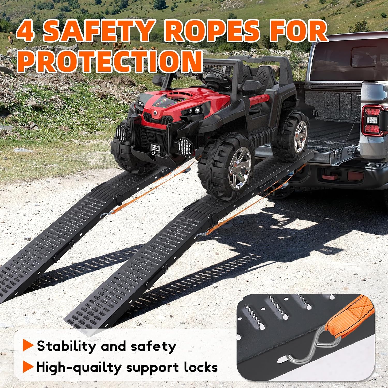 72.5" Heavy Duty Folding Loading Ramps with Sandblasted Finish, 1500lb Capacity, Ideal for Motorcycles, Lawn Mowers, ATVs, UTVs, and More – Pack of 2 with Safety Straps and Gloves