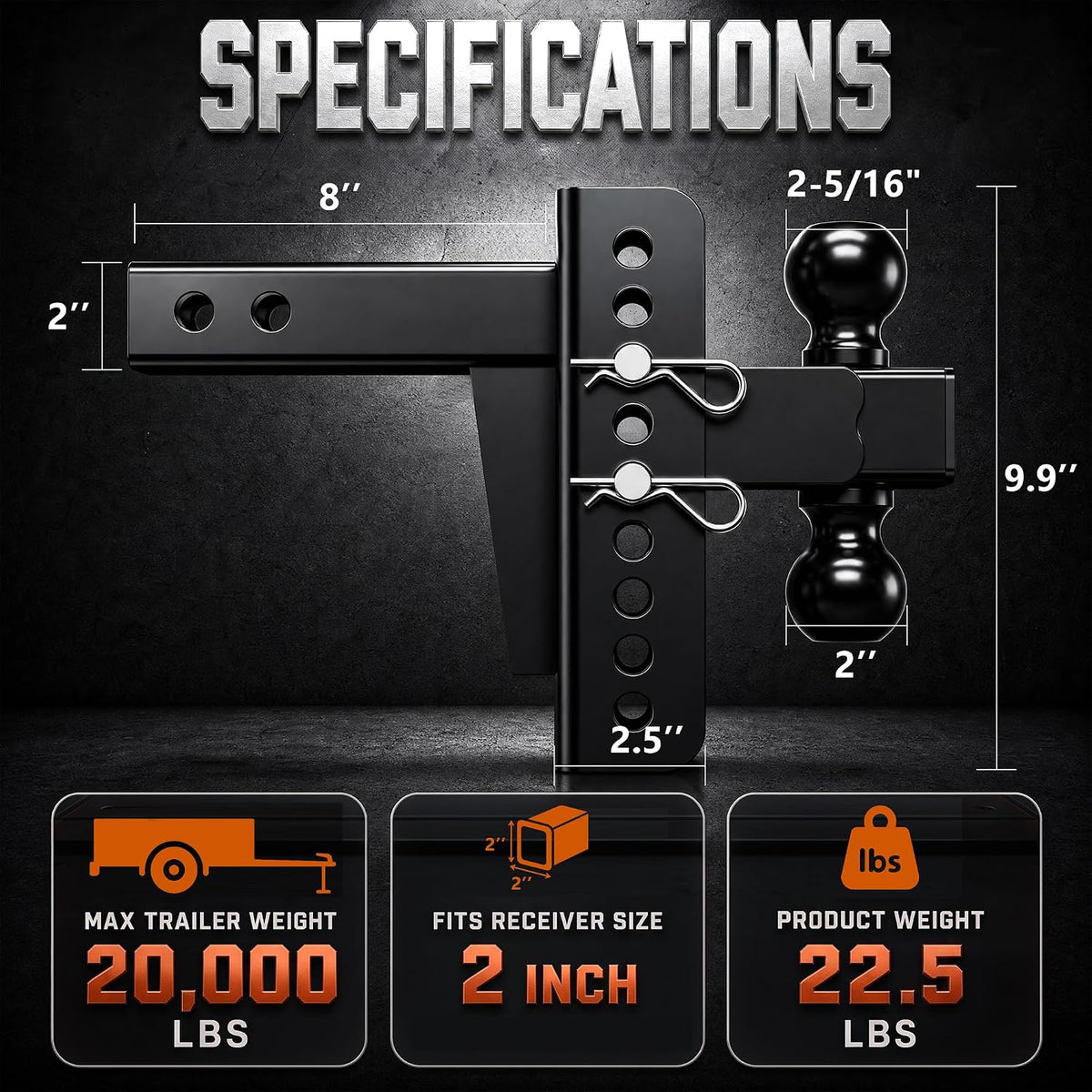 adjustable trailer hitch, fit 2 in receiver, 6 shown in use