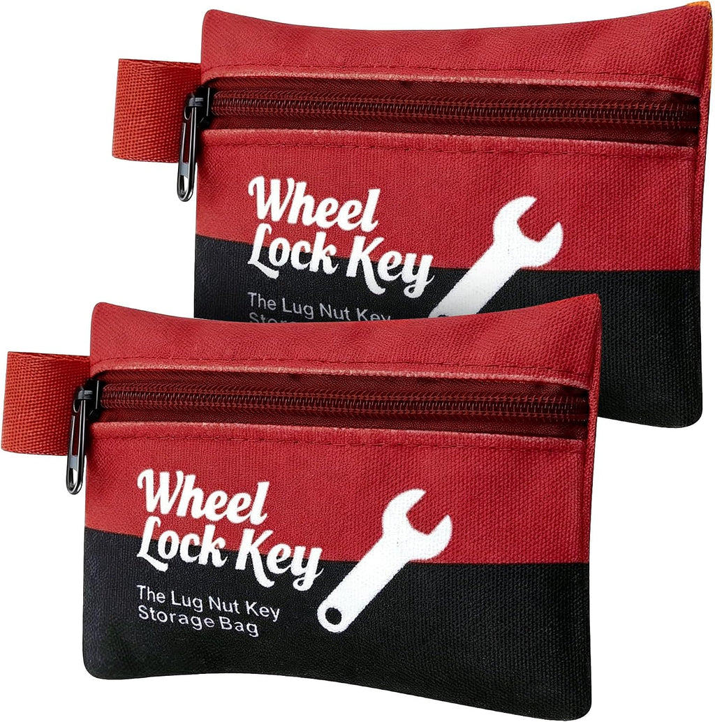 Saillong 2Pack Wheel Lock Key Storage Pouch, Canvas Wheel Lock Key Storage Bag with Zipper, Easily and Safely Stores Locks, Locking Nuts, Nut Keys Spare Lug Nuts, and More(Red)