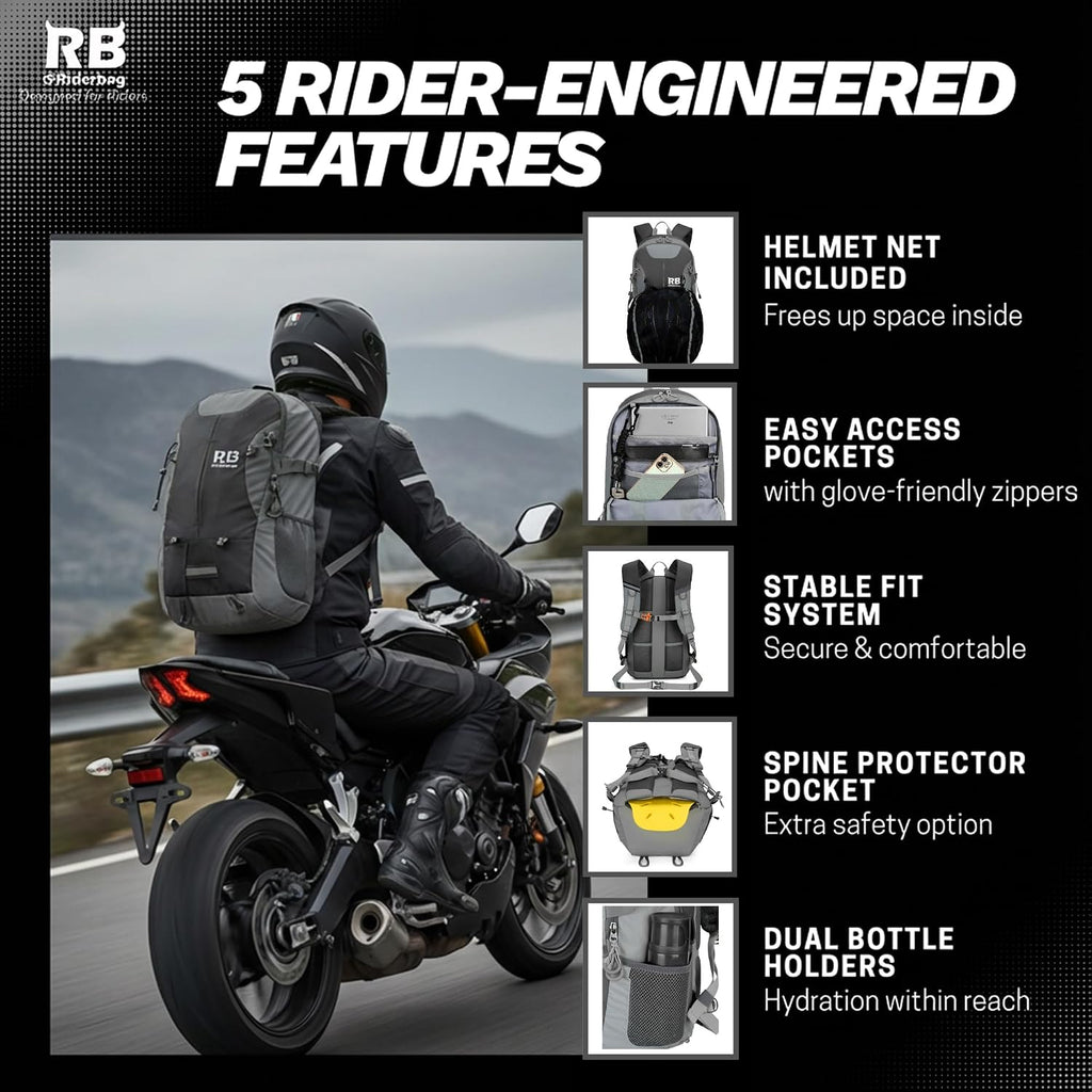 riderbag Reflective Motorcycle Backpack, Hi Viz Commuter Riding Bag | Designed by Riders for Everyday Rides with Laptop Compartment and Helmet Net. Built to Help You Be Seen.