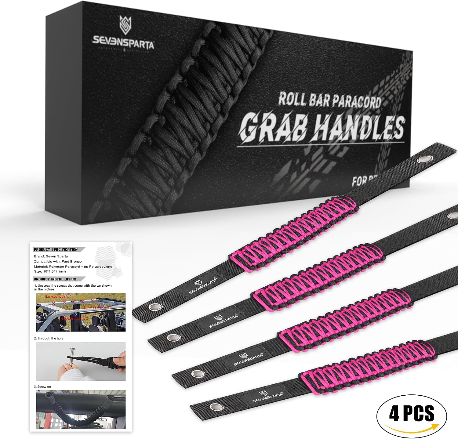 SEVEN SPARTA 4 Pack Roll Bar Grab Handles Compatible with Ford Bronco 2021-2026 2/4 Door, Paracord Grip Handle, Replacement for Bronco Interior Accessories (Not Compatible with Bronco Sport)
