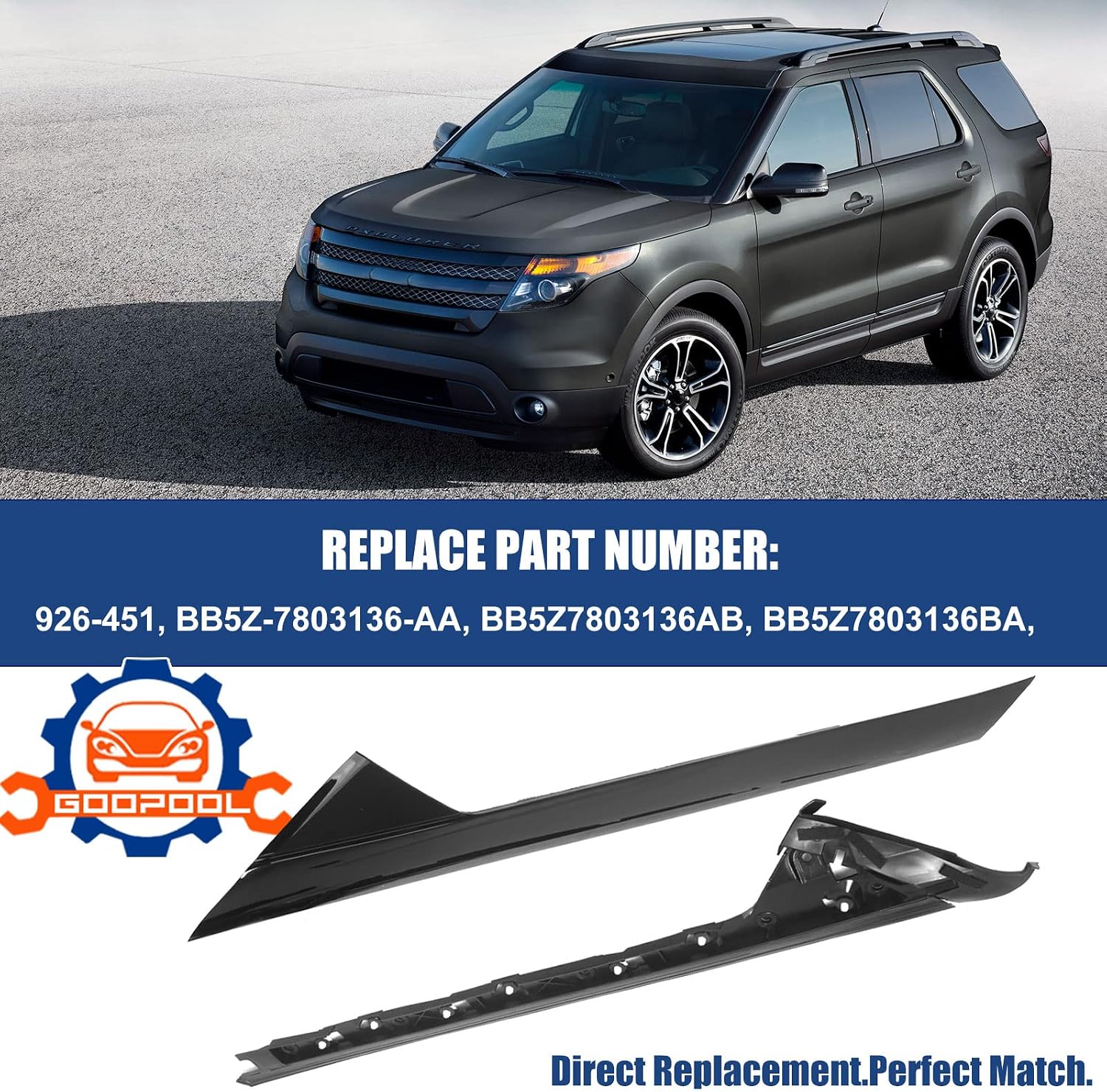 Windshield A-Pillar Molding Trim Kit Right Passenger Side Compatible with 2011-2019 Ford Explorer Replaces: 926-451, BB5Z-7803136-AA, BB5Z7803136AB, BB5Z7803136BA