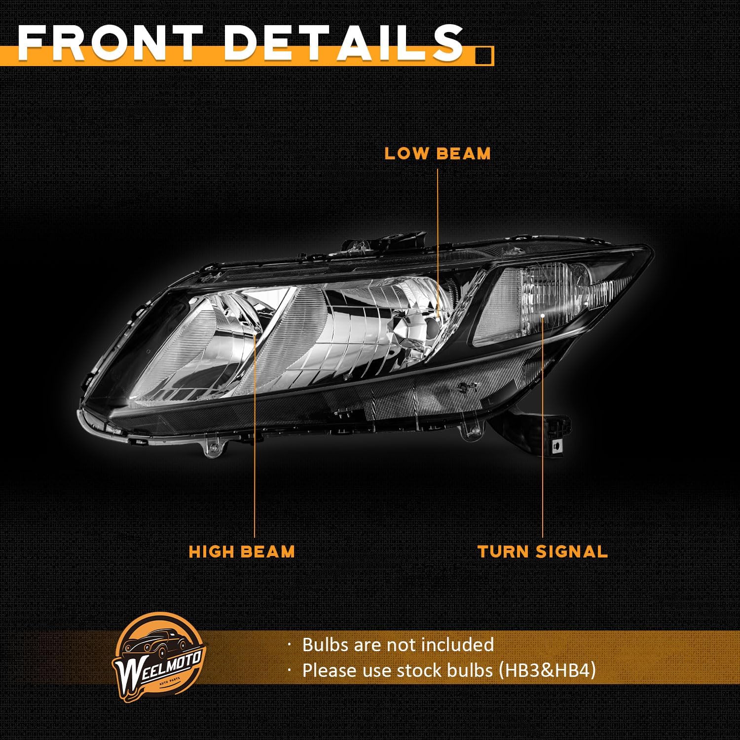 WEELMOTO for 2012-2015 Honda Civic 4Dr Sedan Headlights for 12-13 Honda Civic 2Dr Coupe Pair Headlamp Black Housing Clear Reflector Left+Right Side (Does NOT Fit Hybrid or Hybrid-L Models)