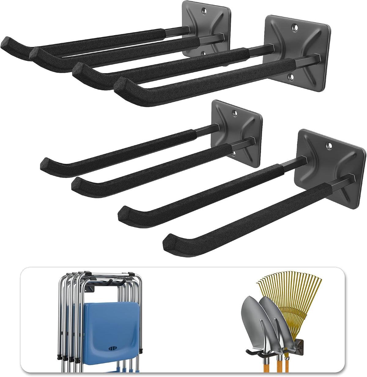 walmann wall mount garage hooks, 12-inch tool hooks shown in use