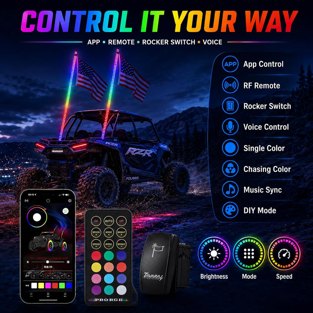Tavaray 2FT LED Whip Lights 2-Pack with Spring Base, App & Remote Control Spiral Chasing Lighted Whips, Waterproof Off-Road Flag Lights for UTV ATV SXS