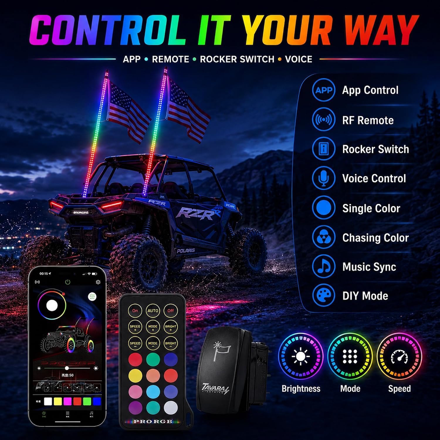Tavaray 2FT LED Whip Lights 2-Pack with Spring Base, App & Remote Control Spiral Chasing Lighted Whips, Waterproof Off-Road Flag Lights for UTV ATV SXS