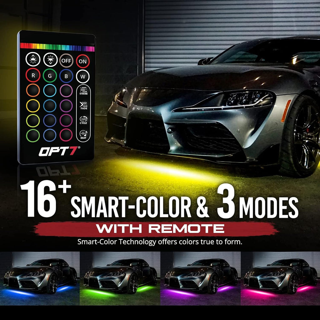 OPT7 Aura Aluminum Underglow Lighting Kit w/Keyless Unlock Light, 4pcs Exterior Neon Accent LED Underbody Strip, Multicolor Modes, Waterproof, Soundsync, Door Assist, Remote Control, Car Truck RV