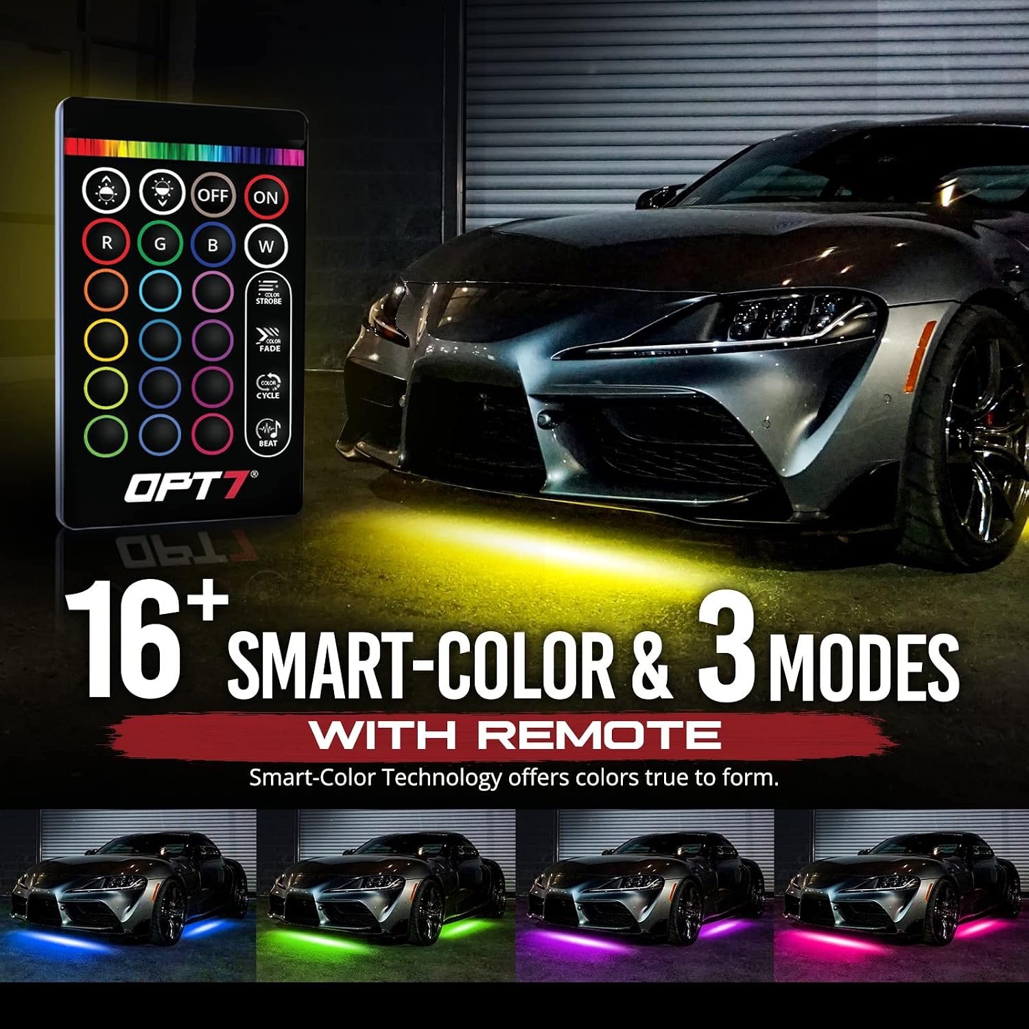 OPT7 Aura Aluminum Underglow Lighting Kit w/Keyless Unlock Light, 4pcs Exterior Neon Accent LED Underbody Strip, Multicolor Modes, Waterproof, Soundsync, Door Assist, Remote Control, Car Truck RV