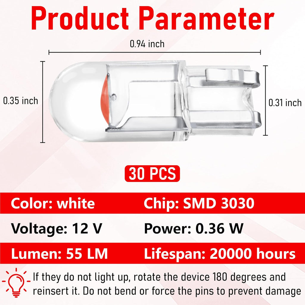 ecocstm 30 PCS Car 194 LED Bulbs, 168 2825 W5W T10 Wedge COB LED Replacement Bulb, Error Free Interior Bulb for Dashboard Light, Dome Lights (Red)