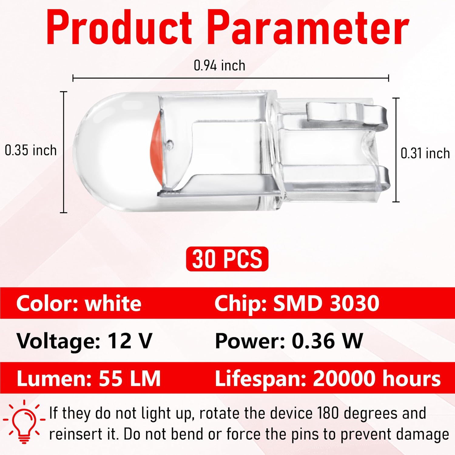 ecocstm 30 PCS Car 194 LED Bulbs, 168 2825 W5W T10 Wedge COB LED Replacement Bulb, Error Free Interior Bulb for Dashboard Light, Dome Lights (Red)
