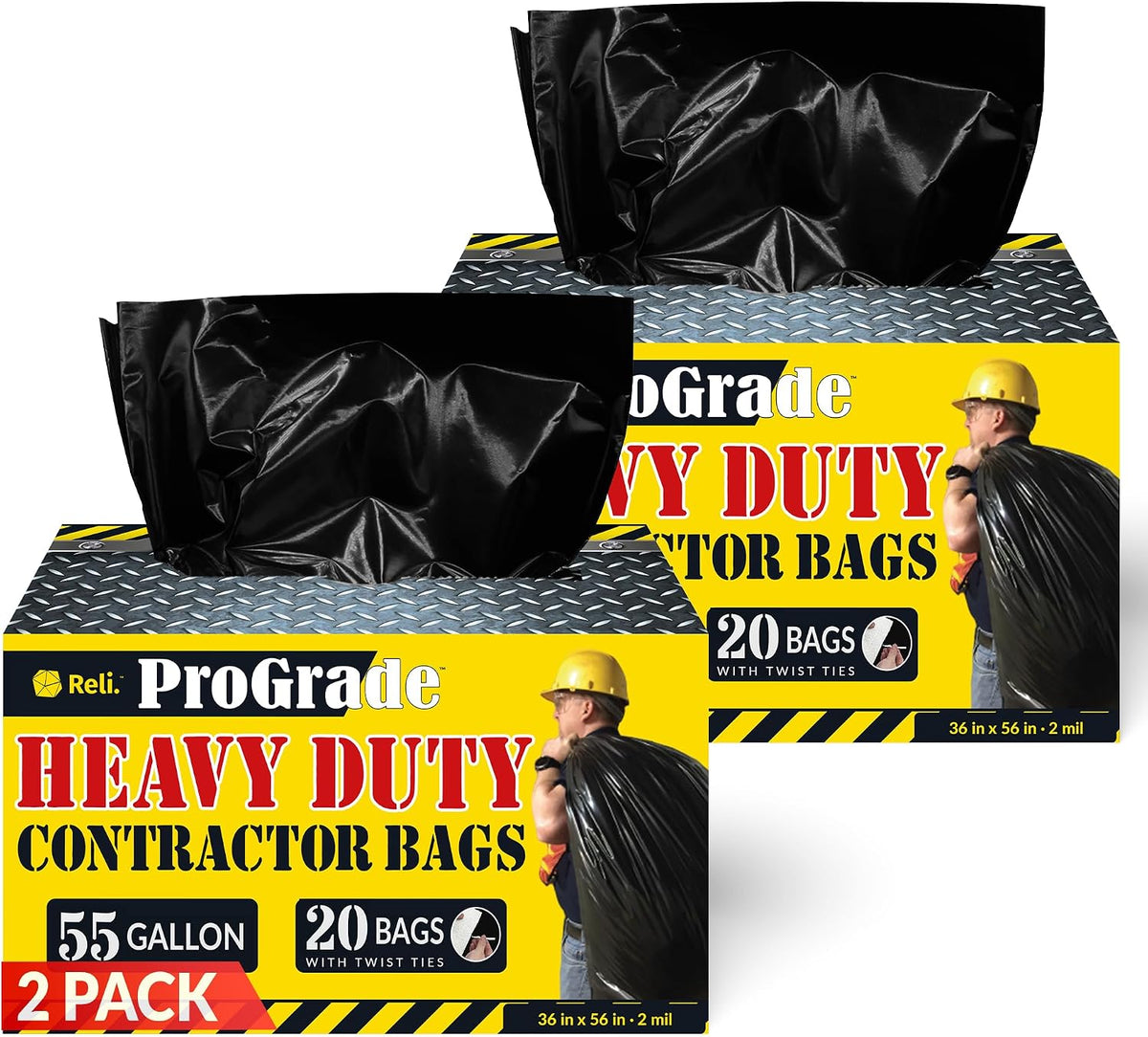 Reli. Contractor Garbage Bags 55 Gallon | 40 Trash Bags | Heavy Duty | Black