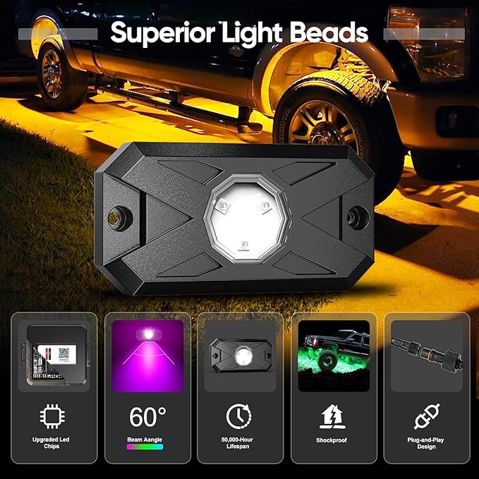 YiLaie RGB LED Rock Lights Kit 4 Pods, Upgraded Underglow Multicolor LED Light - Image 3