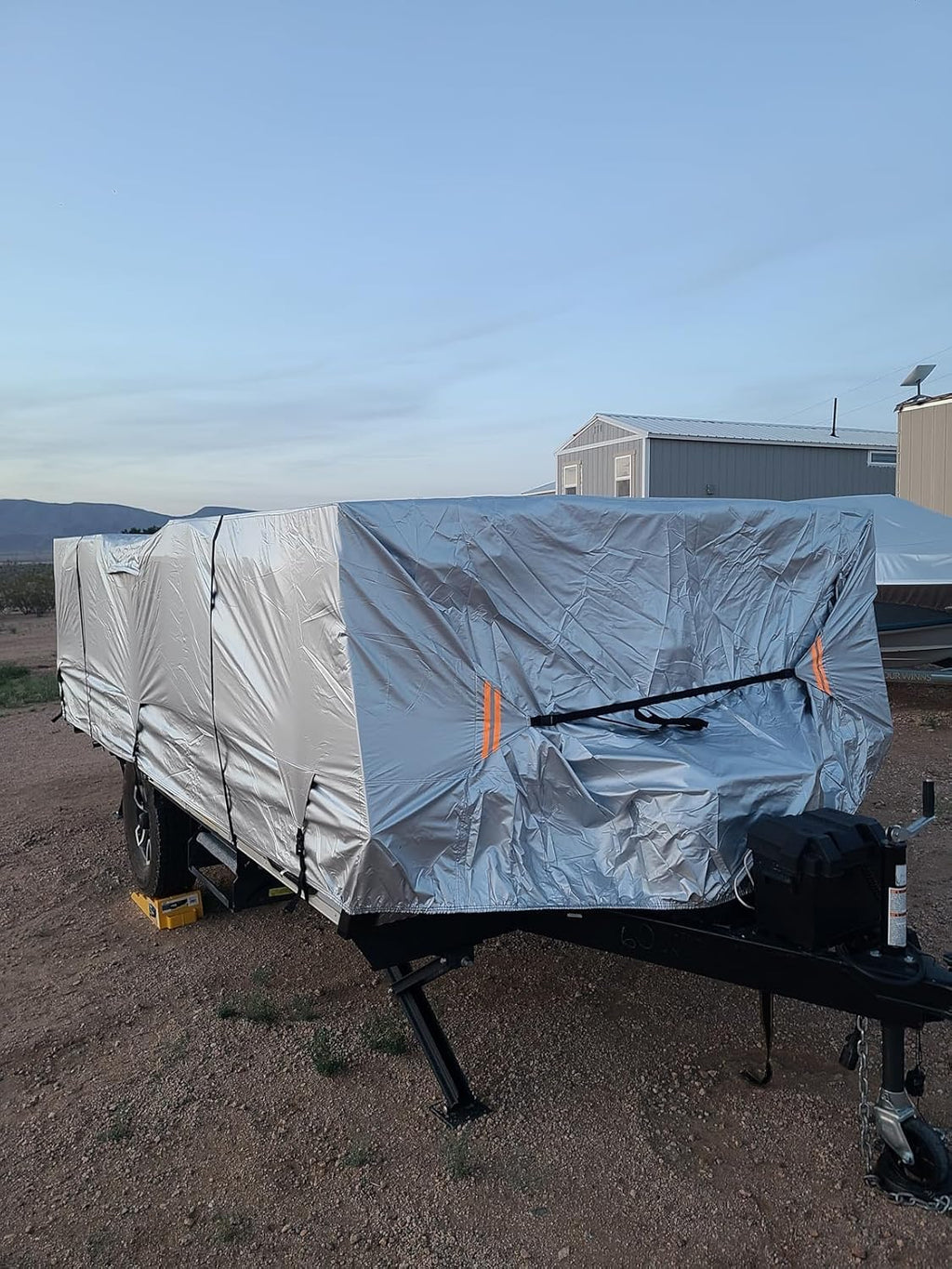 Oxford Fabric Pop Up Folding Camper Cover 14'-16' Super Waterproof Tear-Resistant Anti-UV Tent Trailer Cover for Winter Snow with Reinforced Corners, 5+2 Windproof Straps, Storage Bag