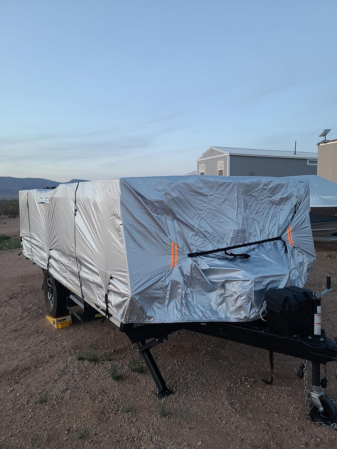 Oxford Fabric Pop Up Folding Camper Cover 14'-16' Super Waterproof Tear-Resistant Anti-UV Tent Trailer Cover for Winter Snow with Reinforced Corners, 5+2 Windproof Straps, Storage Bag