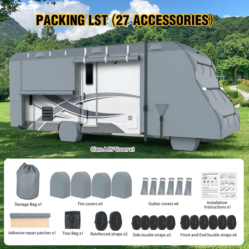 Class C RV Cover, 23'-26' Camper Cover, Upgraded 8-Layer UV Protected RV Cover, Wind and Water Resistant with Extra Harness, Tire Cover and Gutter Cover