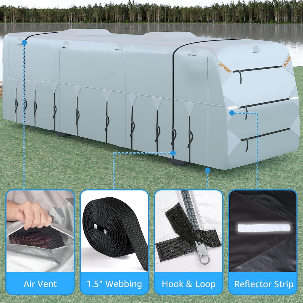 300D Top Class A RV Cover with Waterproof PU Coating Rip-Resistent & Anti-UV Winter Camper Cover Fits 33' to 37' Motorhome