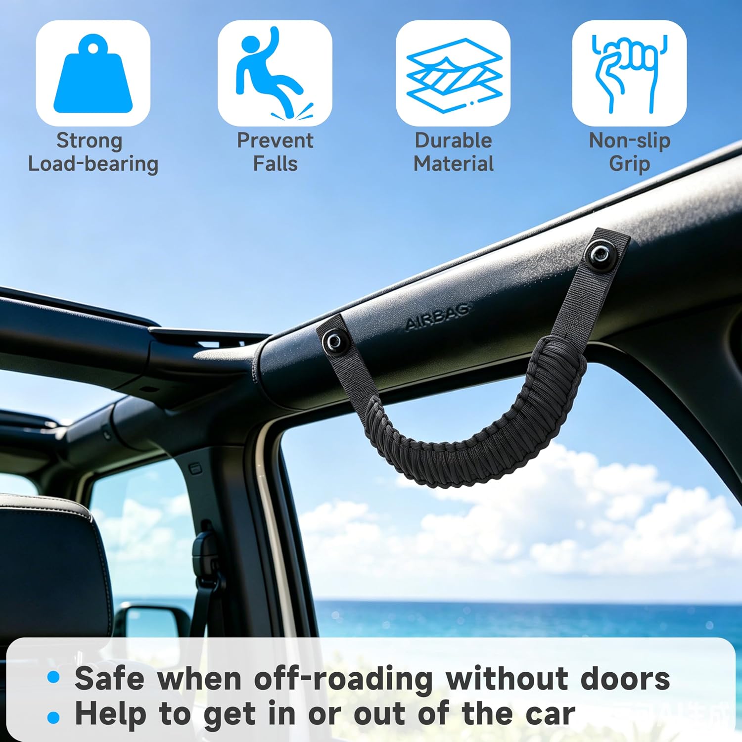 Amooca 4-Pack Paracord Grab Handles for Ford Bronco 2021-2025 (2-Door/4-Door) Interior Roll Bar Assist Handles (Exclude Bronco Sport) Black