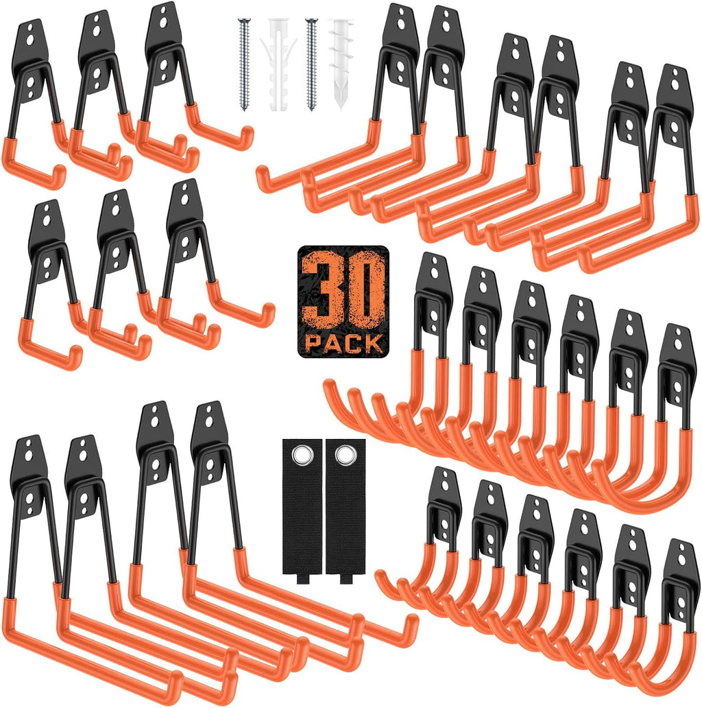 30 Pack Garage Hooks with Anti-Slip Coating, Heavy Duty Wall Mount Storage Hooks