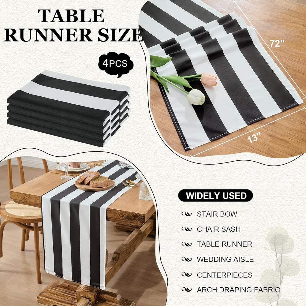 Black White Striped Table Runner 13x72 Inch for Halloween Table Decor 4Pack