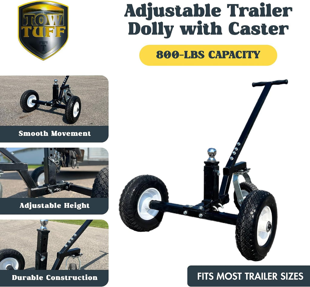 Tow Tuff Trailer Dolly w/ 12" Flat-Free Tires & 8" Swivel Caster Wheel, Fits 1 7/8” Coupler, 800 lb Capacity, Black - Adjustable and Portable Trailer Mover for Campers, Boats, and Utility Trailers