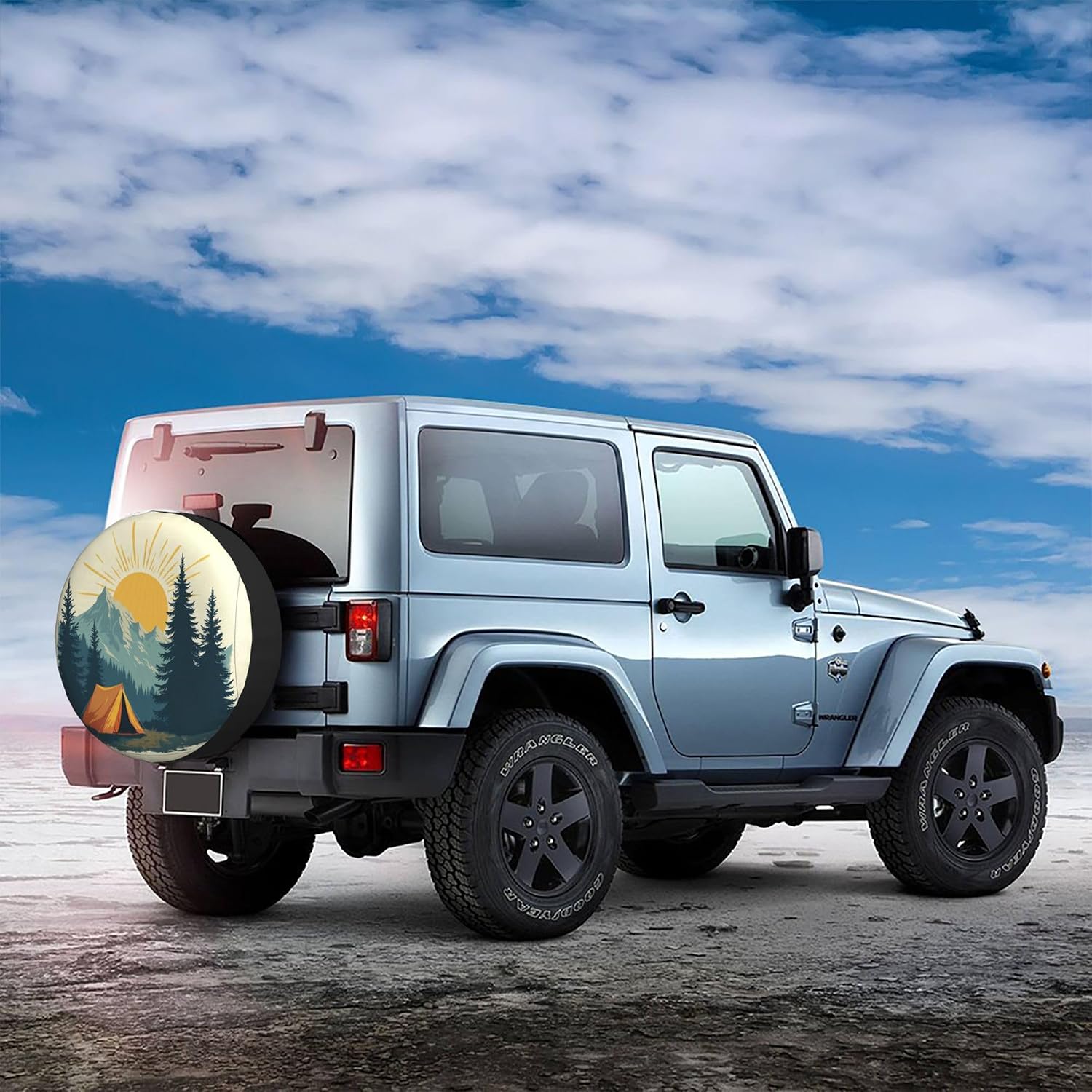 Mountain Camping Sunset Spare Tire Cover Universal Wheel Cover Waterproof Dust-Proof Tire Protector with Adjustable Buckle Strap for Trailer RV SUV All Vehicle 14 inch
