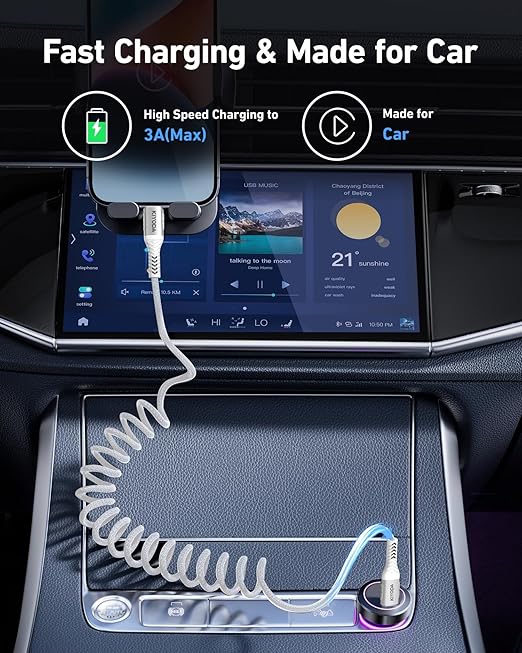 USB C to C Cable 6ft for Car, Coiled Braided USB Type C Cable 66W Fast Charging - Image 2