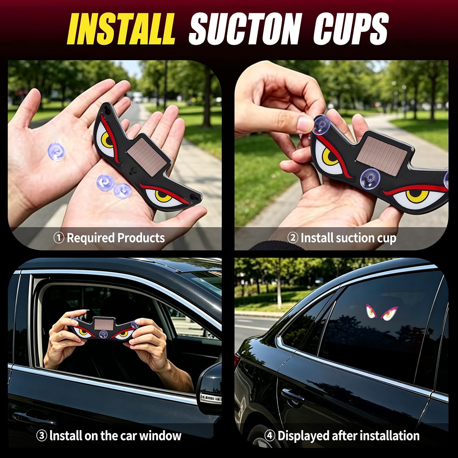 Solar Demon Eye LED Car Wireless Window Light, 4Pack LED Wireless Ambient Lamp with 6 Lighting Modes,Flicker Signal Warning Light RGB Led Light Kit for Cars, SUVs, Trucks, Vans
