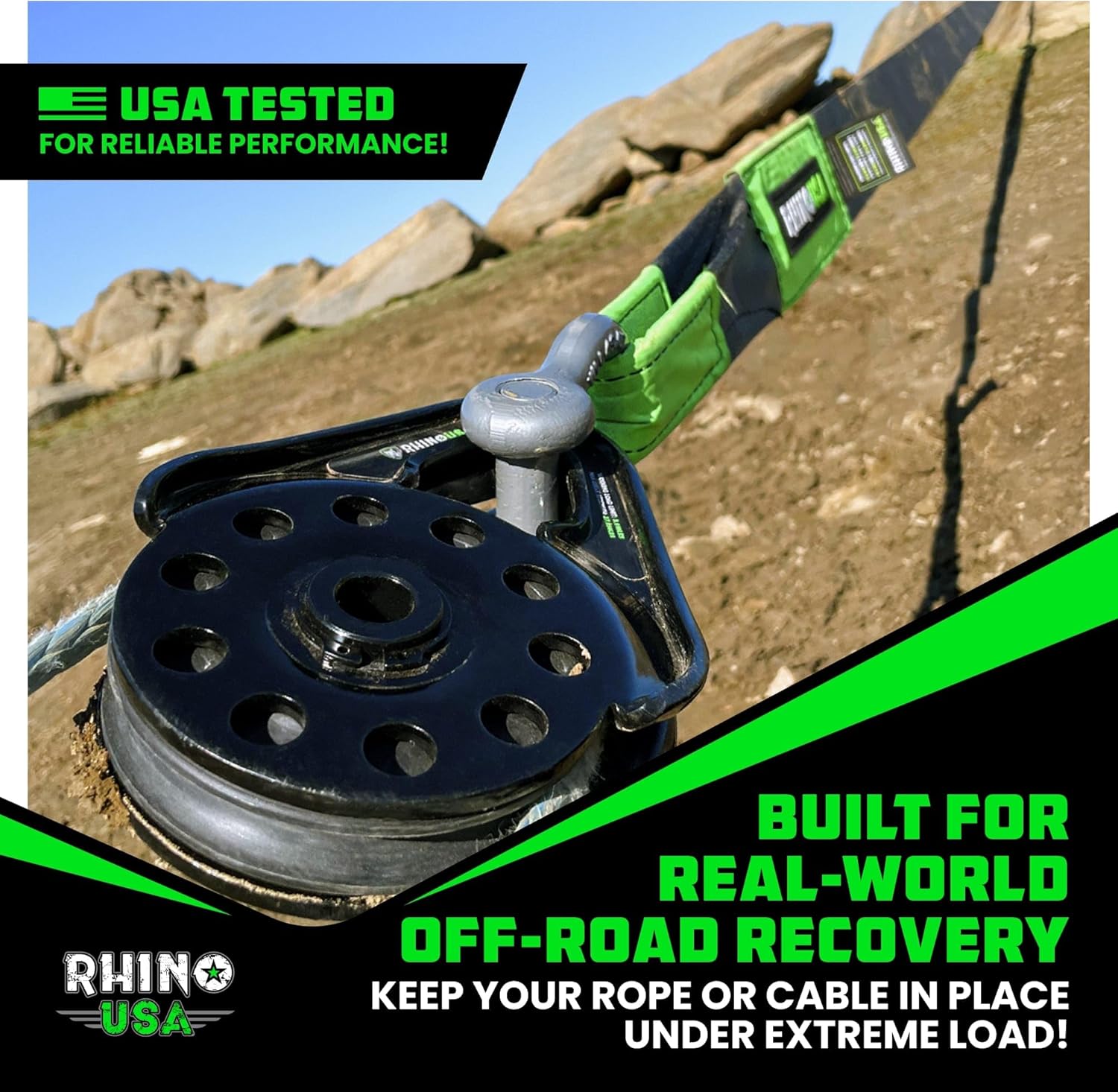 Rhino USA Snatch Block for Winch Recovery - Heavy Duty 13.5 Ton Break Strength - Compact Offroad Accessory for Jeep, Truck, UTV, ATV - Use with Tree Saver Tow Strap (Snatch Block)