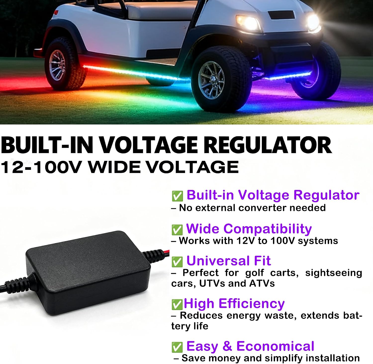 6PCS Golf Cart Underglow LED Light Kit with Built-in 12V-80V Reducer & Canopy Lights, APP & Remote Control, Sound Active Music Sync, IP67 Waterproof, Battery Drain Protect, for EZGO Yamaha Club Car