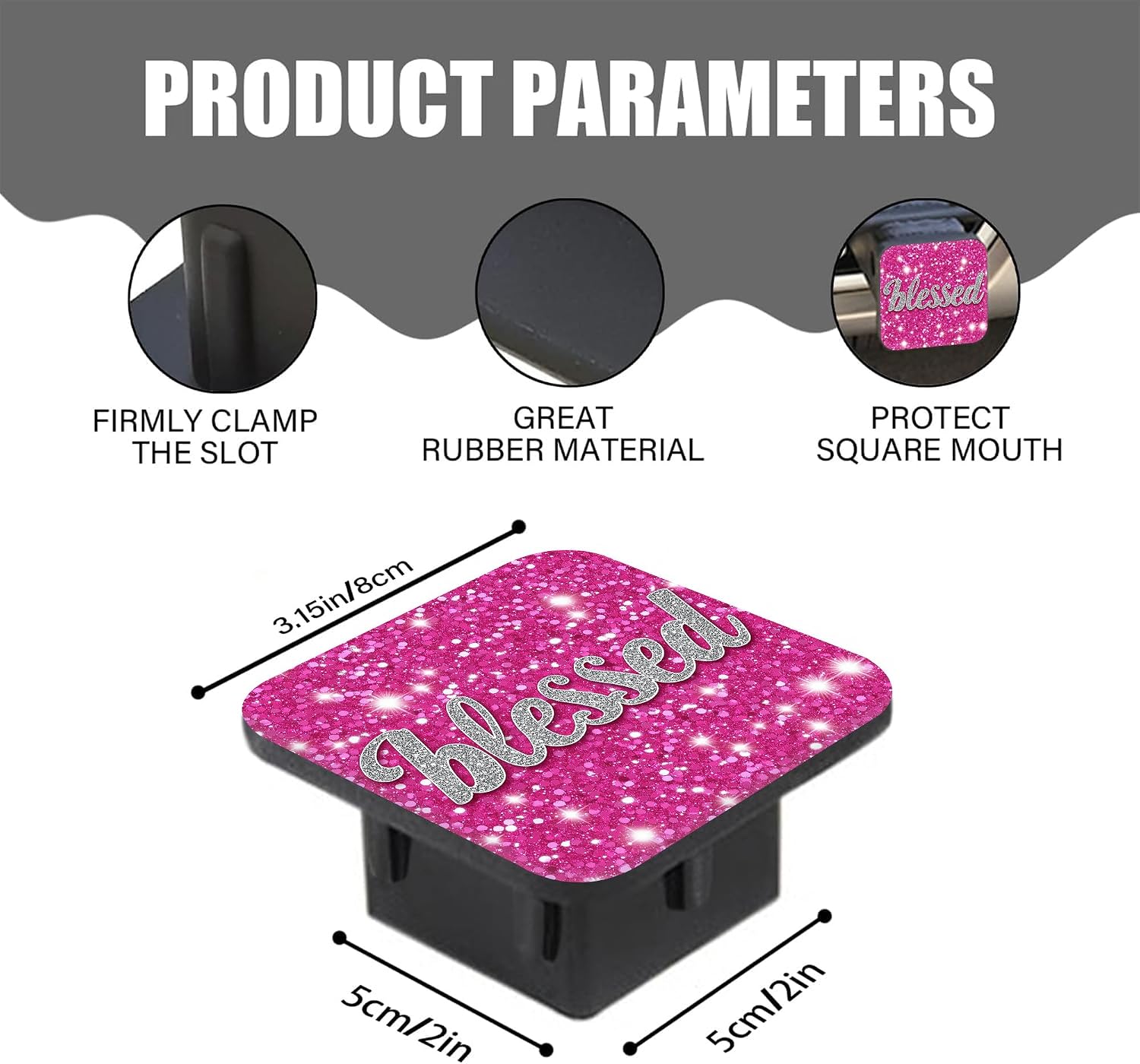 Hitch Receiver Cover 2" Pink Glittery Blessed Trailer Hitch Cover Tube Cap Rubber Universal 2 Inch Receiver Plug for Pickups Trucks Cars Suvs