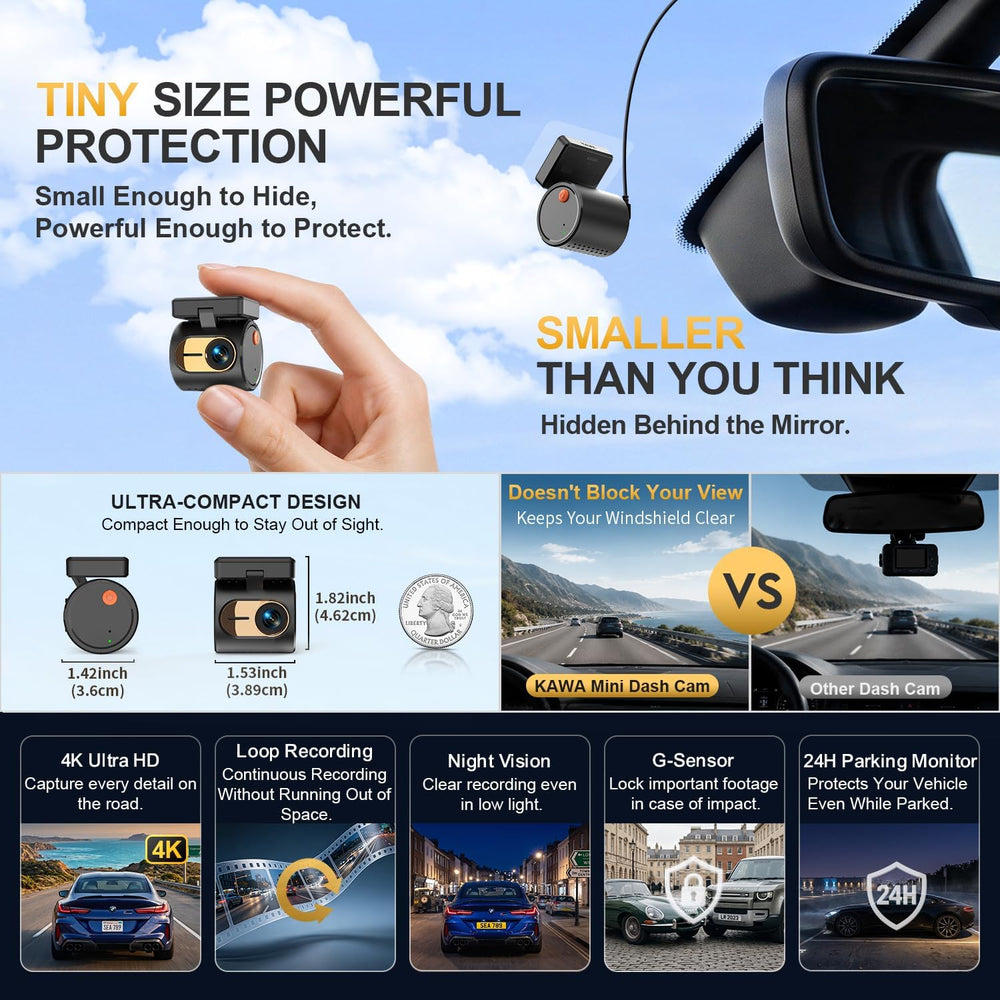 KAWA 4K Tiny Dash Cam, Voice Control & WiFi 6, Loop Mini Camera for Car