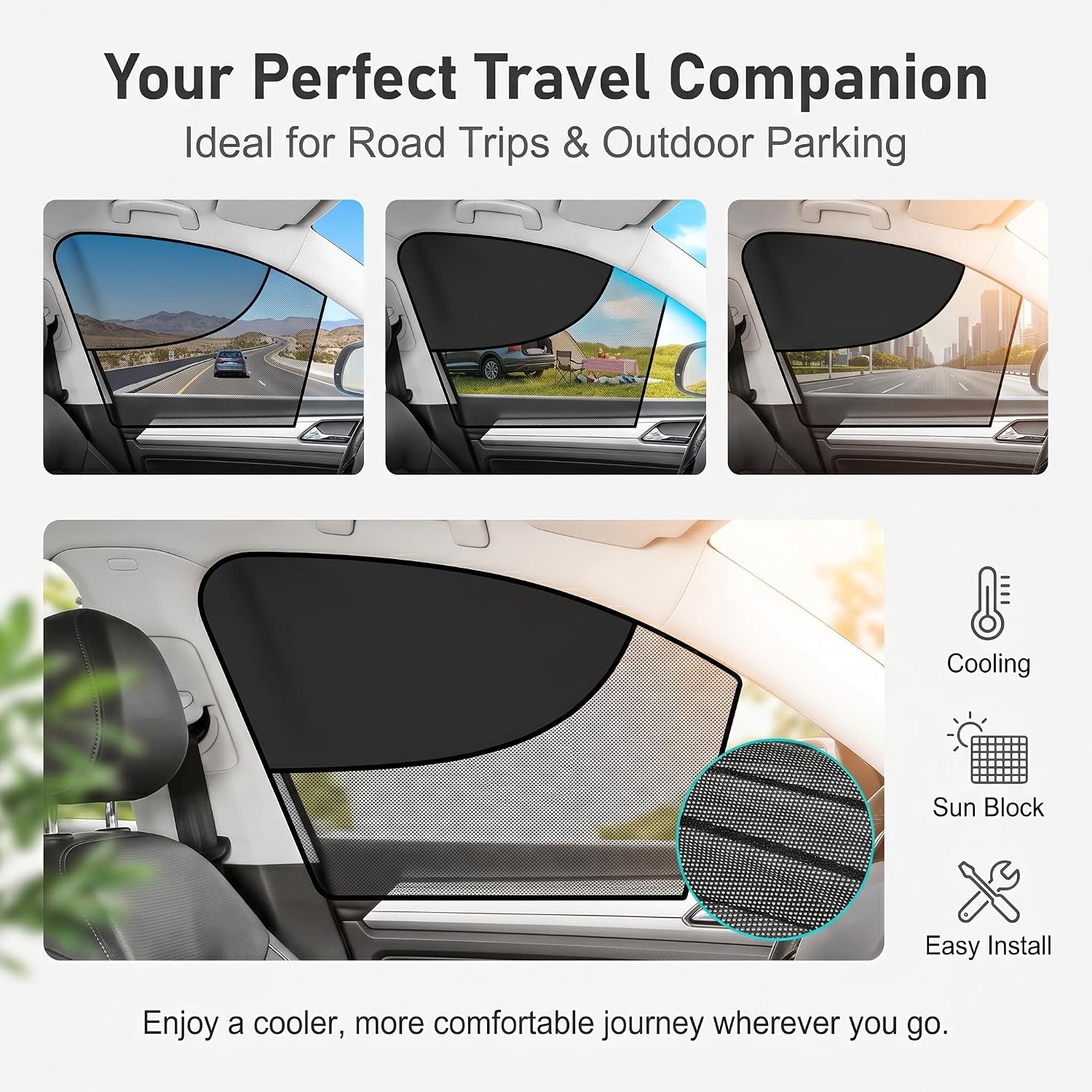 2 PCS Window Sun Shades, Half Blackout See-Through Side Front Window Cover, Double Layer Heat Glare Block Protector, Fit for Driver Passenger (Black)