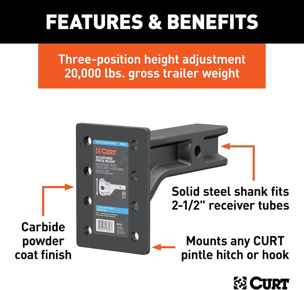 CURT 48348 Adjustable Pintle Mount for 2-1/2-Inch Hitch Receiver, 20,000 lbs., 7-1/4-Inch Height, 10-3/4-Inch Length