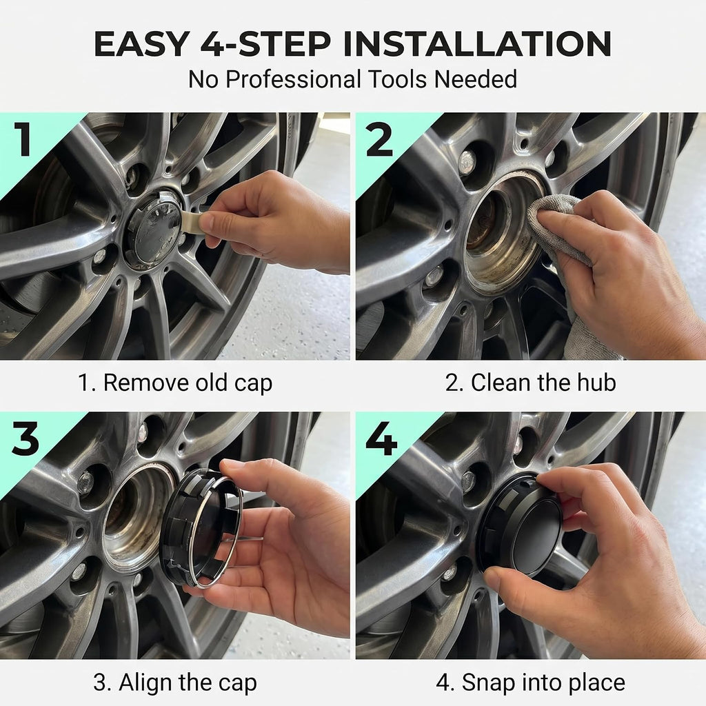 4 PCS Car Wheel Hub Center Cap, Snap-in Tight Fit ABS Hub Cover, Scratch-Resistant Sealed Rim Exterior Accessory, Universal for Most Cars, Trucks, SUVs (Black)