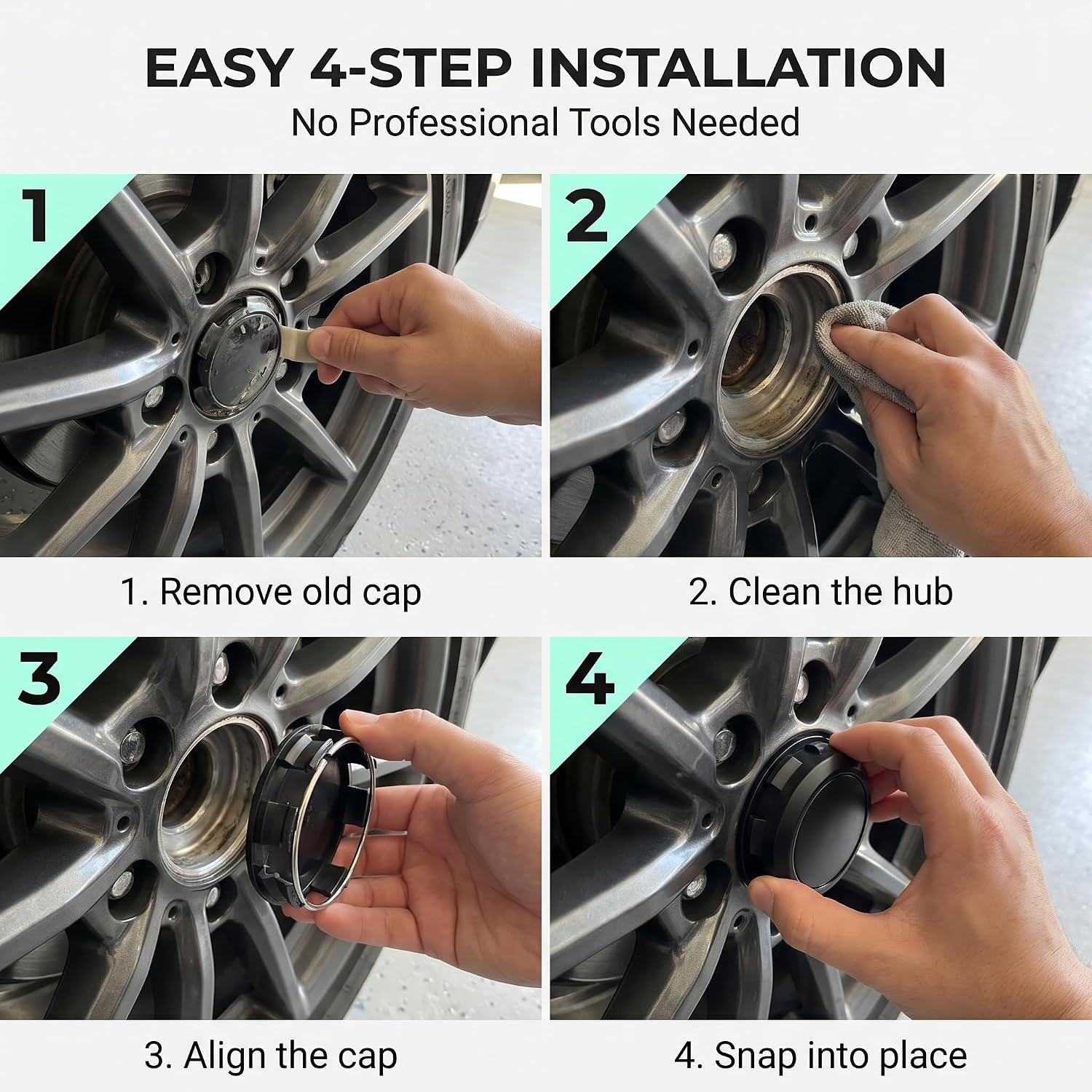 4 PCS Car Wheel Hub Center Cap, Snap-in Tight Fit ABS Hub Cover, Scratch-Resistant Sealed Rim Exterior Accessory, Universal for Most Cars, Trucks, SUVs (Black)