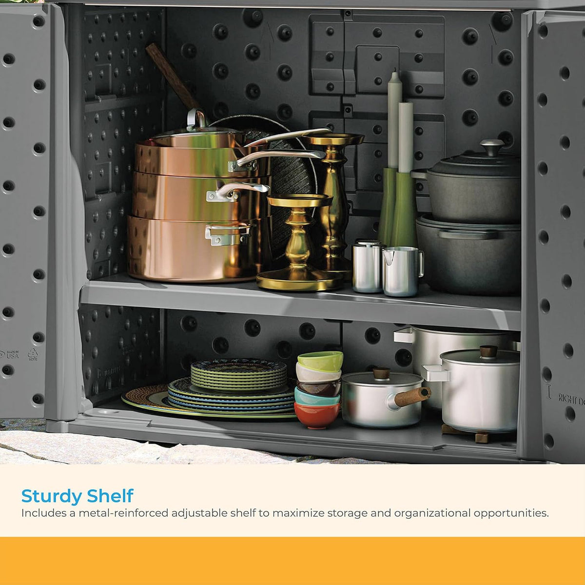 suncast lockable outdoor cabinet storage for patio, garden showing dimensions