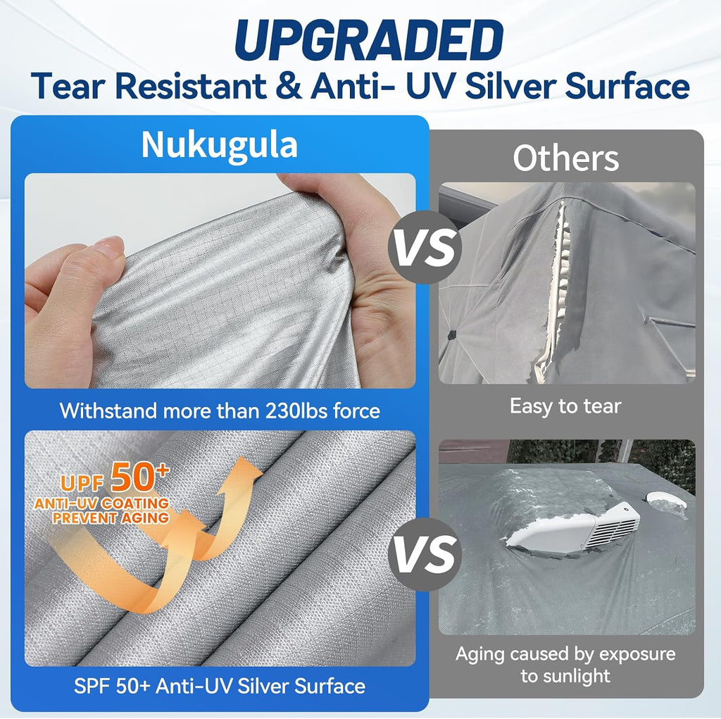 Oxford Fabric Pop Up Folding Camper Cover 14'-16' Super Waterproof Tear-Resistant Anti-UV Tent Trailer Cover for Winter Snow with Reinforced Corners, 5+2 Windproof Straps, Storage Bag