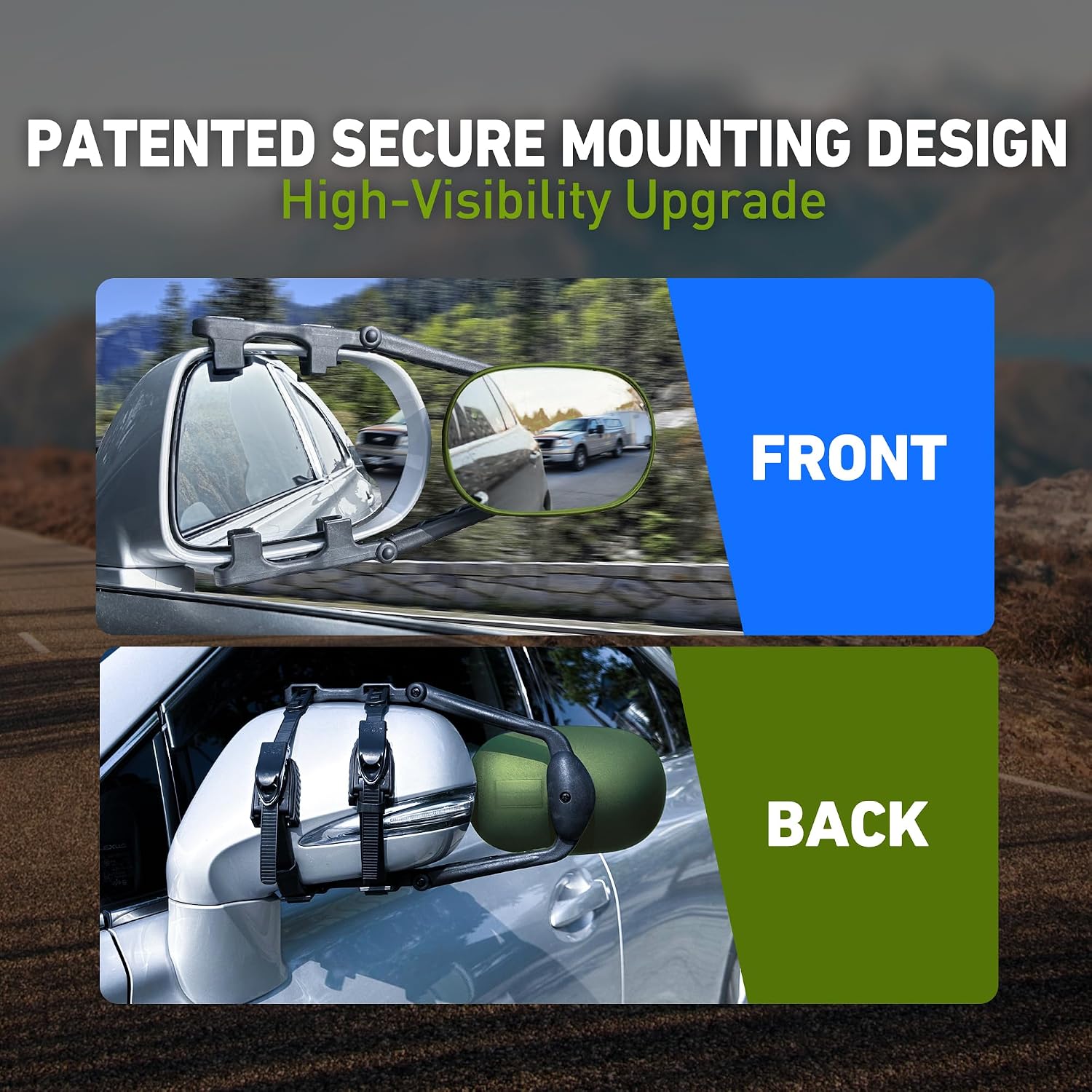 MG91 Dual-Arm Towing Mirrors for Trucks, SUVs, RVs & Trailers | Military Green finish with two securing straps and a rubber strap to help reduce vibration and keep mirrors steady.