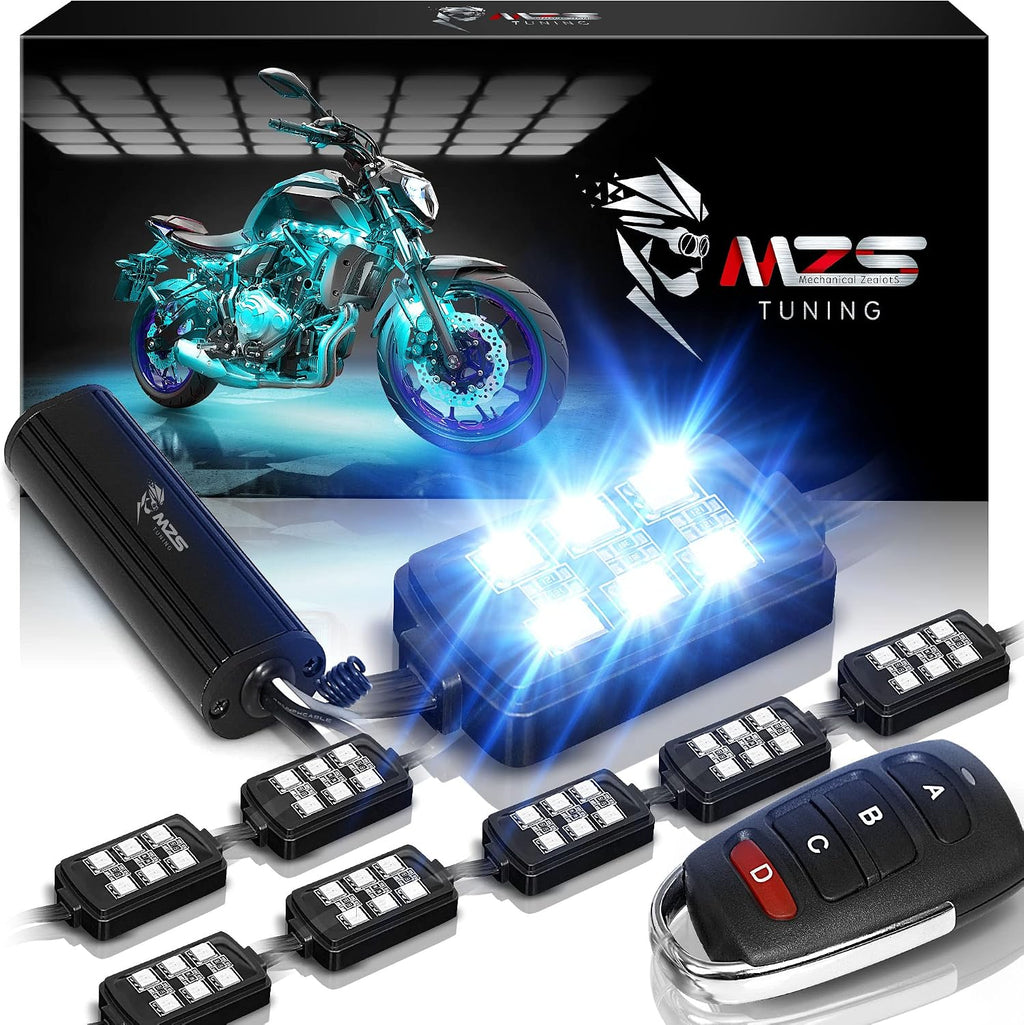 MZS 8Pcs Motorcycle LED Light Kit, Multi-Color Neon RGB Strips LED Underglow kit Compatible with ATVs UTVs Cruiser Trikes Golf Carts Most Family Motorcycle, Pack of 8